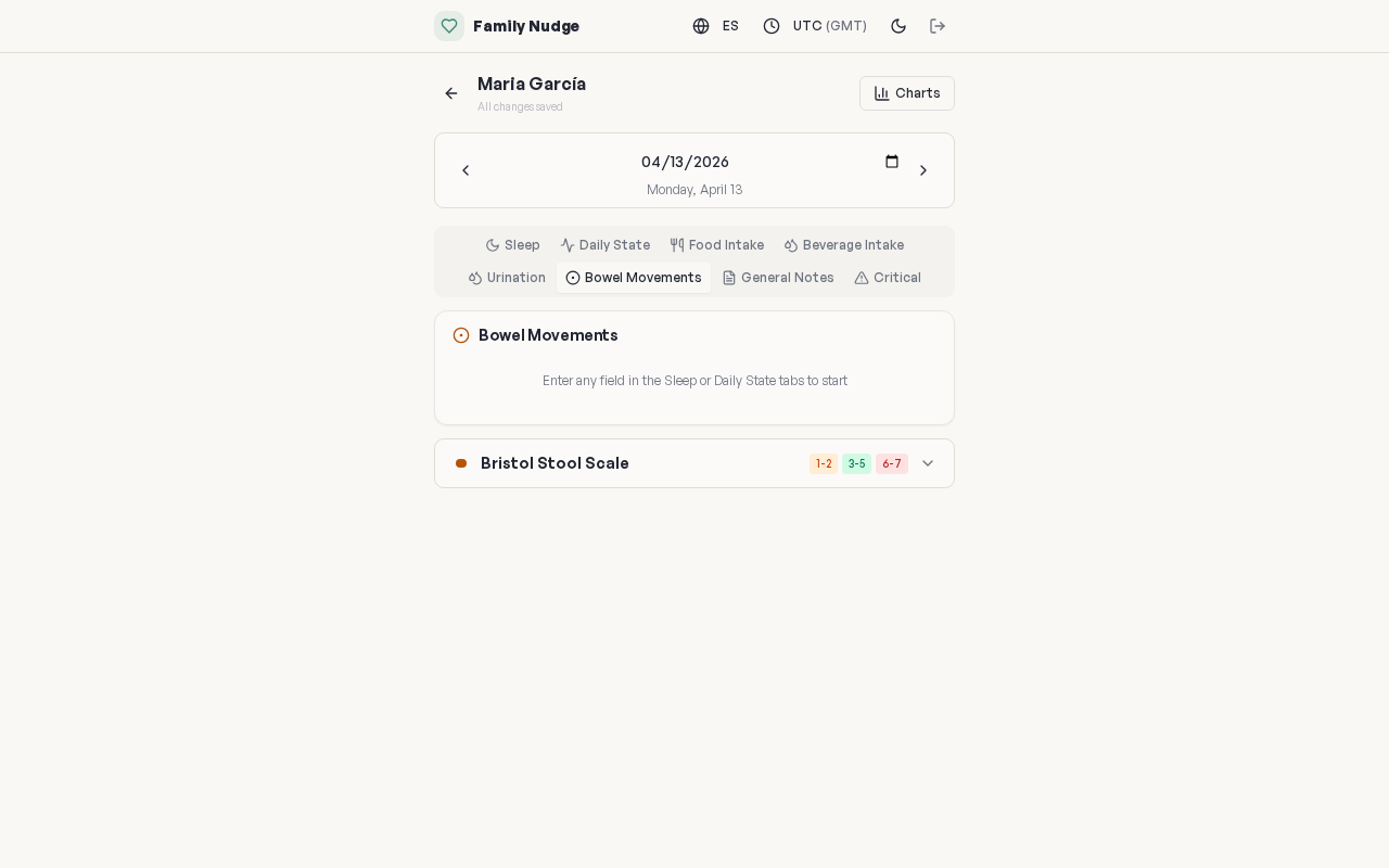 Bowel movements tab with Bristol Stool Scale reference showing color-coded categories 1-7