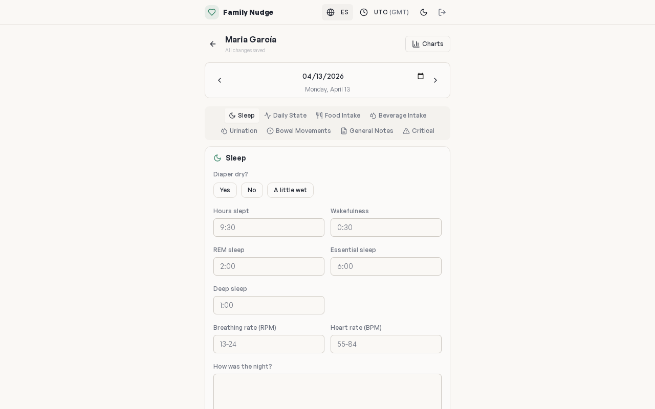 Sleep tracking tab showing hours slept, REM, deep sleep, wakefulness, breathing and heart rate fields
