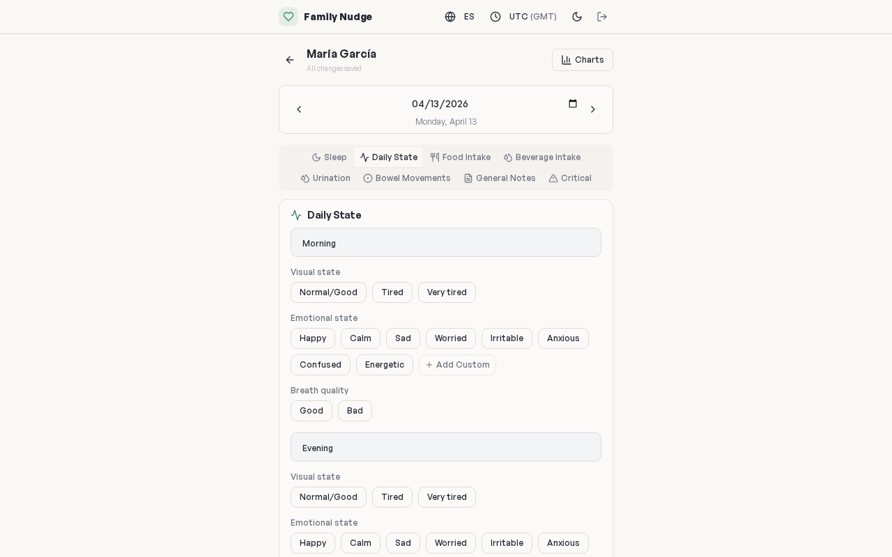 Family Nudge daily state tracking screen showing morning and evening assessments for visual state, emotional state, and breath quality
