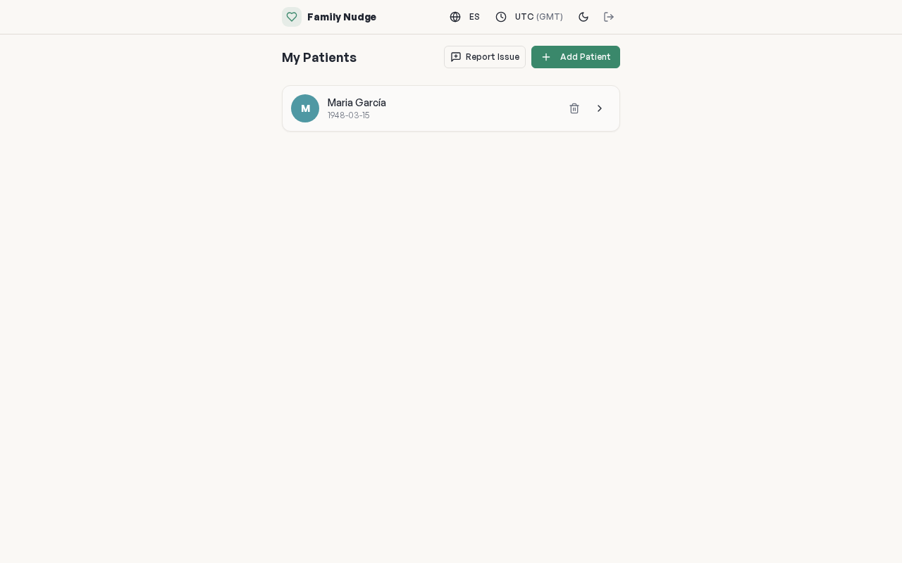 Patient list screen showing Maria García with avatar, date of birth, and navigation to daily log